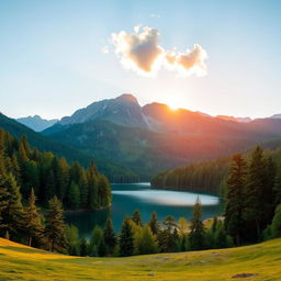 A beautiful landscape featuring a serene lake surrounded by lush green trees and mountains in the background