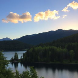 A beautiful landscape featuring a serene lake surrounded by lush green trees and mountains in the background