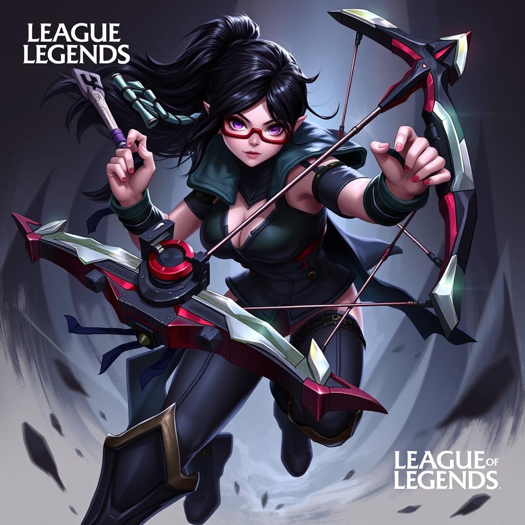 A detailed and dynamic illustration of Vayne from League of Legends, showcasing her in an action pose with her iconic crossbow and wearing red glasses