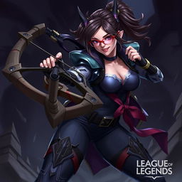 A detailed and dynamic illustration of Vayne from League of Legends, showcasing her in an action pose with her iconic crossbow and wearing red glasses