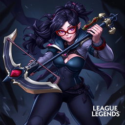 A detailed and dynamic illustration of Vayne from League of Legends, showcasing her in an action pose with her iconic crossbow and wearing red glasses