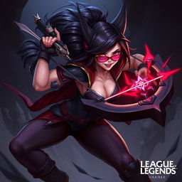 A detailed and dynamic illustration of Vayne from League of Legends, showcasing her in an action pose with her iconic crossbow and wearing red glasses