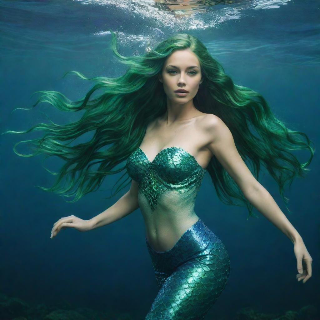 A beautiful mermaid with long, flowing green hair swimming under the sea.