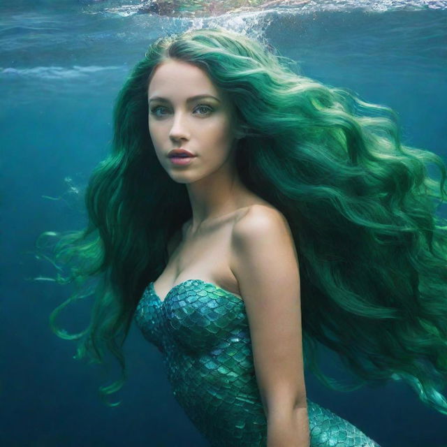 A beautiful mermaid with long, flowing green hair swimming under the sea.