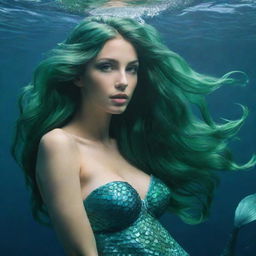 A beautiful mermaid with long, flowing green hair swimming under the sea.