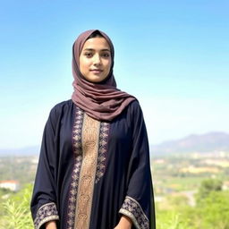 A beautiful Arab woman wearing traditional attire, including a hijab, standing gracefully in a serene outdoor setting