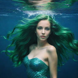 A beautiful mermaid with long, flowing green hair swimming under the sea.