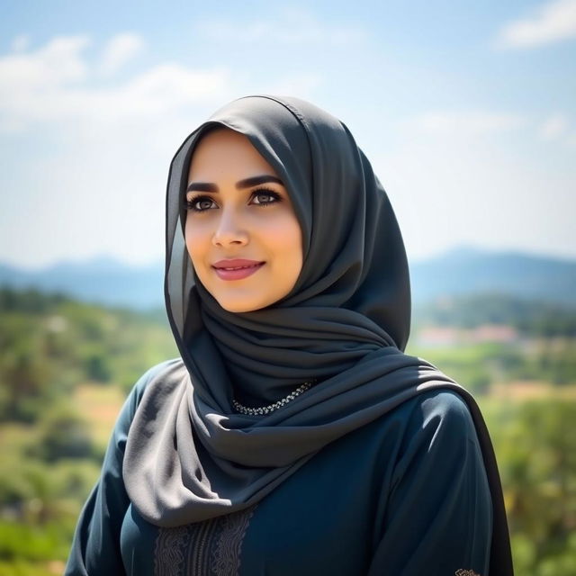 A beautiful Arab woman wearing traditional attire, including a hijab, standing gracefully in a serene outdoor setting