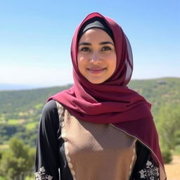 A beautiful Arab woman wearing traditional attire, including a hijab, standing gracefully in a serene outdoor setting