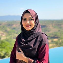 A beautiful Arab woman wearing traditional attire, including a hijab, standing gracefully in a serene outdoor setting