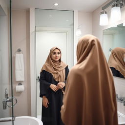 An Arab woman wearing a traditional hijab is standing in a modern bathroom