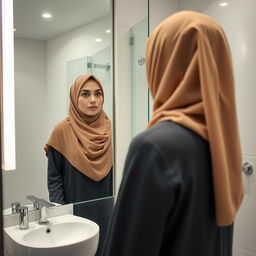 An Arab woman wearing a traditional hijab is standing in a modern bathroom