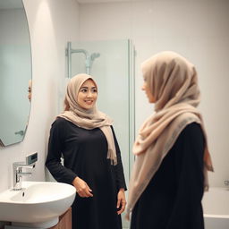 An Arab woman wearing a traditional hijab is standing in a modern bathroom