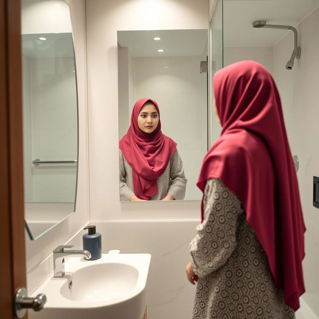 An Arab woman wearing a traditional hijab is standing in a modern bathroom