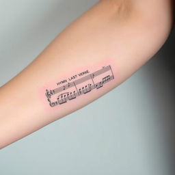 A masculine tattoo on the forearm with fine lines, inspired by a musical score from the last verse of hymn 308 from the Christian singer