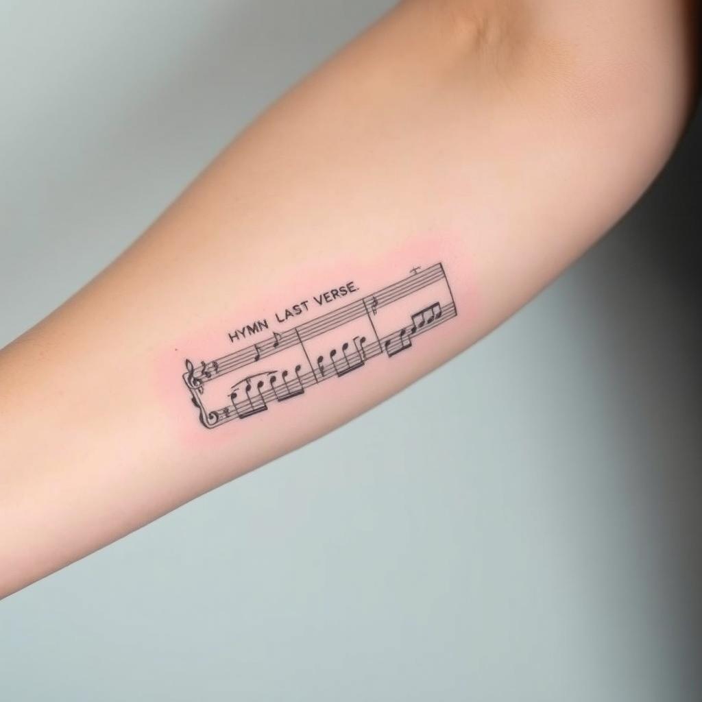 A masculine tattoo on the forearm with fine lines, inspired by a musical score from the last verse of hymn 308 from the Christian singer