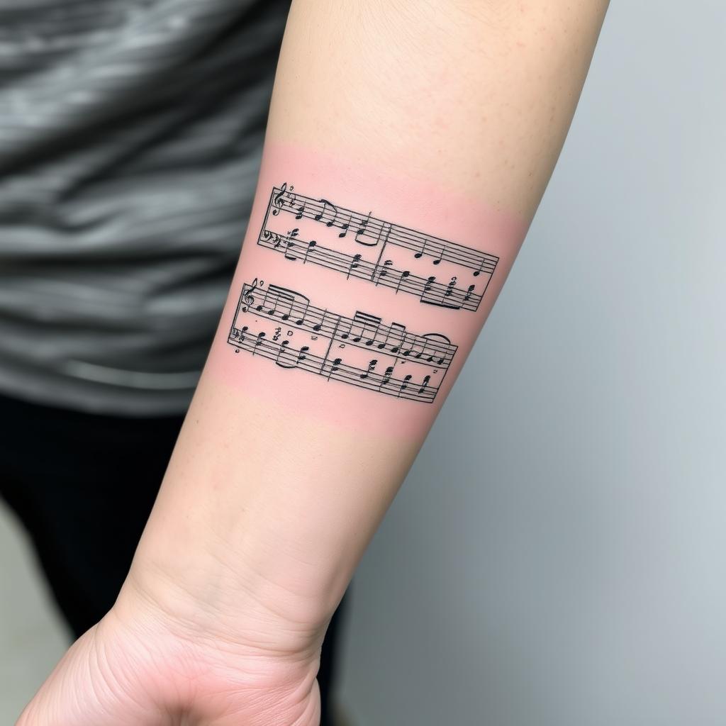 A masculine tattoo on the forearm with fine lines, inspired by a musical score from the last verse of hymn 308 from the Christian singer