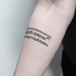 A masculine tattoo on the forearm with fine lines, inspired by a musical score from the last verse of hymn 308 from the Christian singer