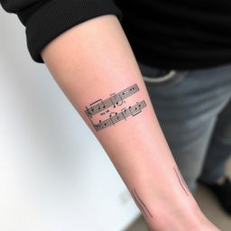 A masculine tattoo on the forearm with fine lines, inspired by a musical score from the last verse of hymn 308 from the Christian singer