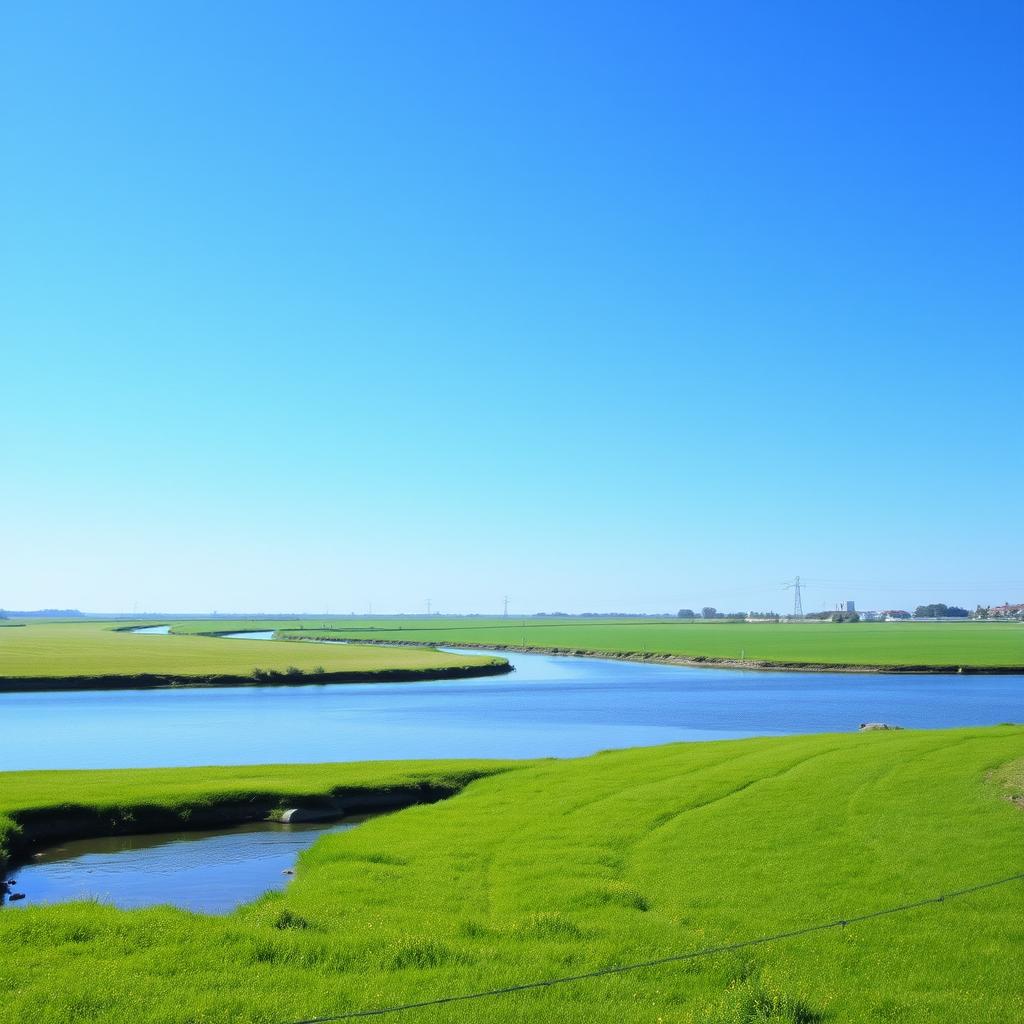 A serene landscape featuring a clear blue sky, lush green fields, and a calm river flowing through the scene