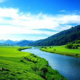 A serene landscape featuring a clear blue sky, lush green fields, and a calm river flowing through the scene