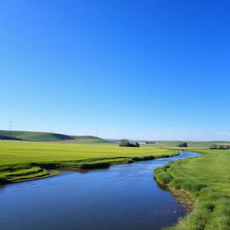 A serene landscape featuring a clear blue sky, lush green fields, and a calm river flowing through the scene