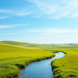 A serene landscape featuring a clear blue sky, lush green fields, and a calm river flowing through the scene