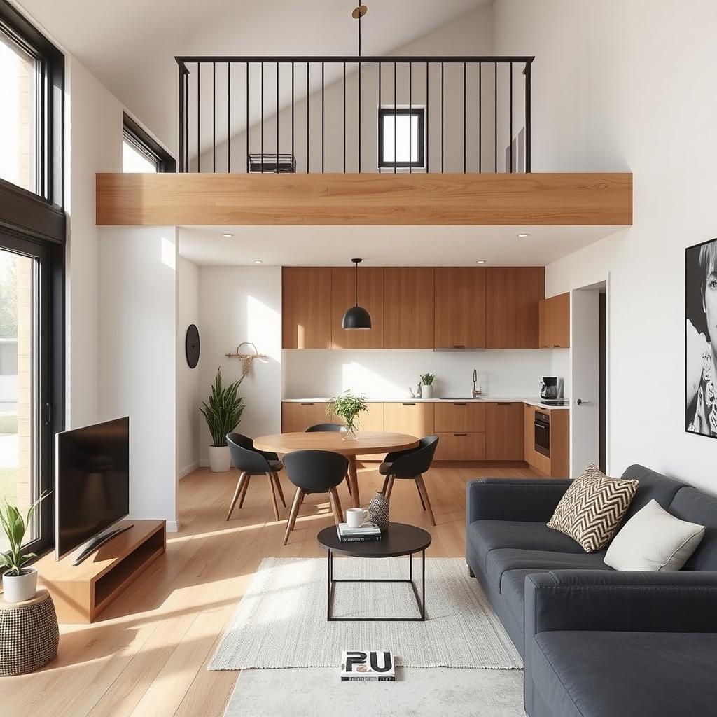 Minimalist interior design for a small house with a loft