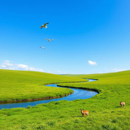 A serene landscape with a clear blue sky, lush green meadows, and a gentle river flowing through