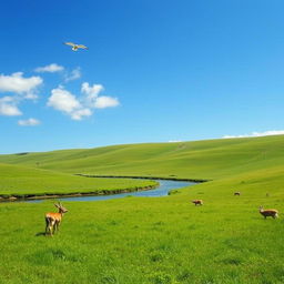 A serene landscape with a clear blue sky, lush green meadows, and a gentle river flowing through