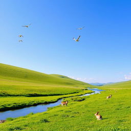 A serene landscape with a clear blue sky, lush green meadows, and a gentle river flowing through