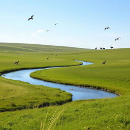 A serene landscape with a clear blue sky, lush green meadows, and a gentle river flowing through