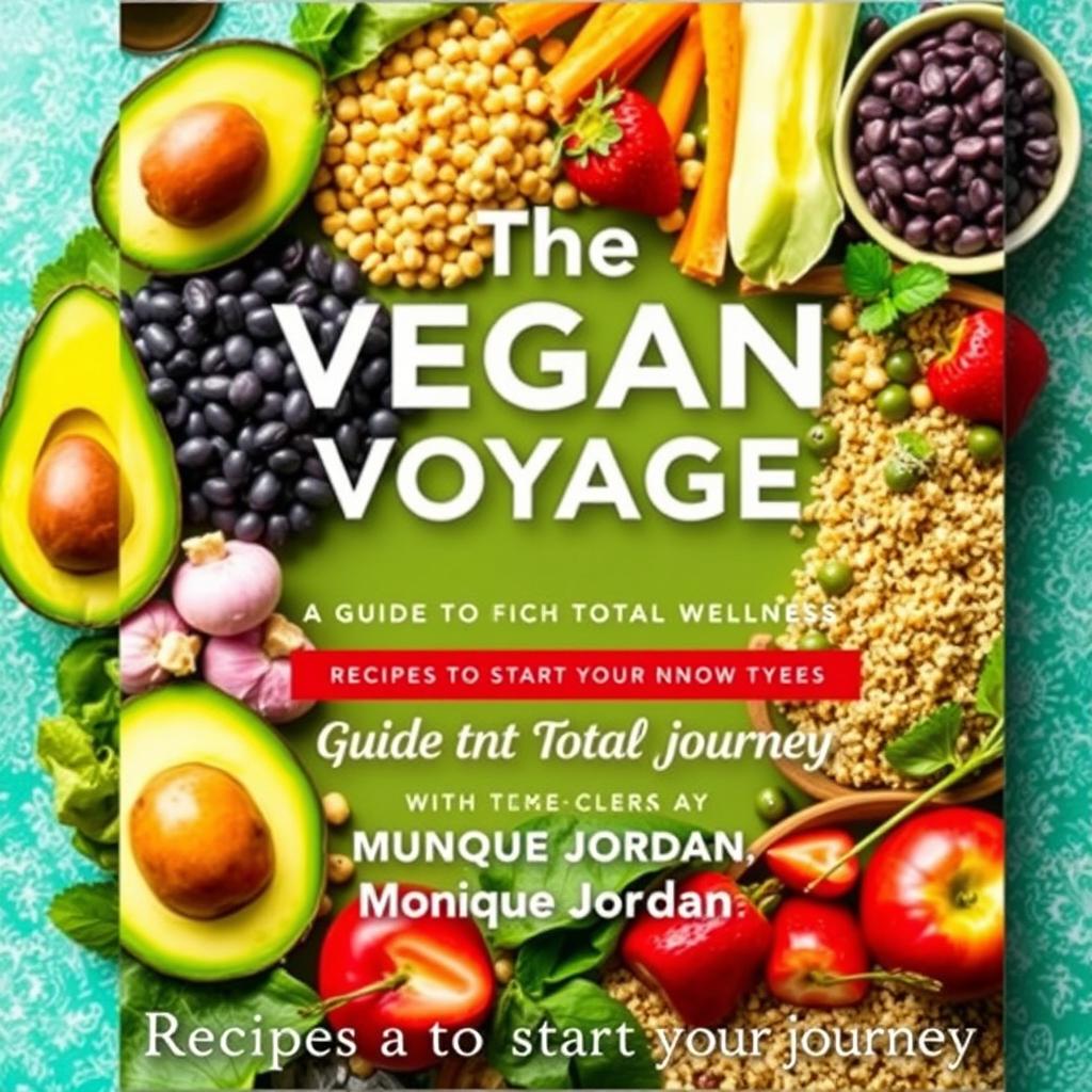 A vibrant and colorful cookbook cover titled 'The Vegan Voyage: Guide to Total Wellness' by Monique Jordan