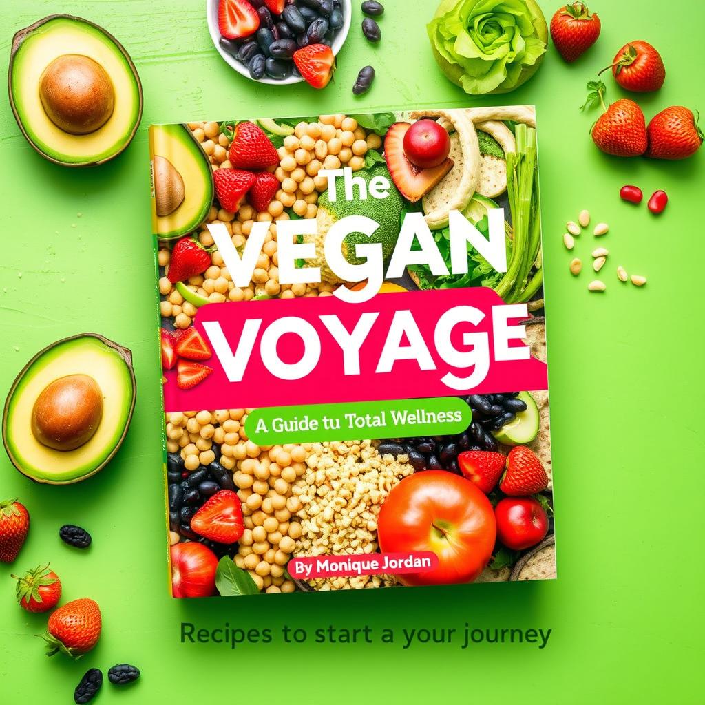 A vibrant and colorful cookbook cover titled 'The Vegan Voyage: Guide to Total Wellness' by Monique Jordan