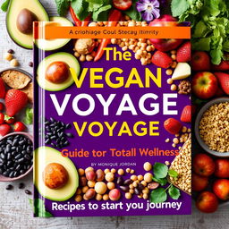 A vibrant and colorful cookbook cover titled 'The Vegan Voyage: Guide to Total Wellness' by Monique Jordan