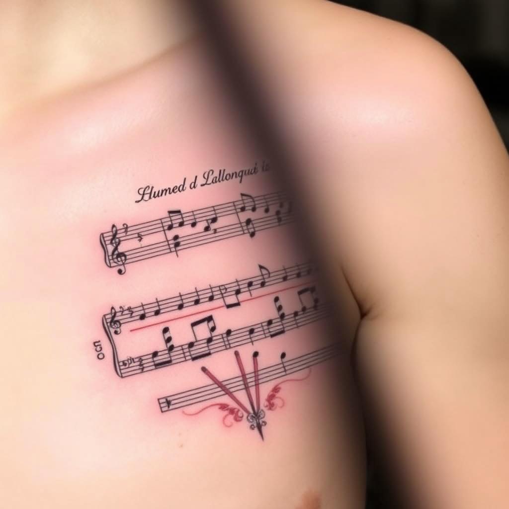 A tattoo design featuring a musical score of hymn 308 from the Christian hymnal 'Cantor Cristão'