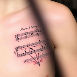 A tattoo design featuring a musical score of hymn 308 from the Christian hymnal 'Cantor Cristão'