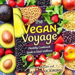 A vibrant and colorful cookbook cover titled 'The Vegan Voyage: Guide to Total Wellness' by Monique Jordan