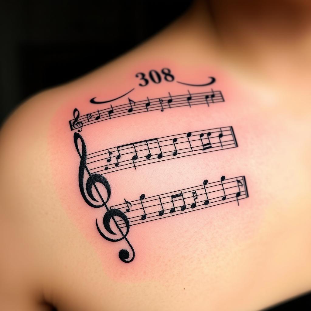 A tattoo design featuring a musical score of hymn 308 from the Christian hymnal 'Cantor Cristão'