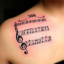 A tattoo design featuring a musical score of hymn 308 from the Christian hymnal 'Cantor Cristão'