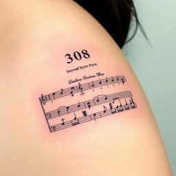 A tattoo design featuring a musical score of hymn 308 from the Christian hymnal 'Cantor Cristão'