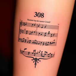 A tattoo design featuring a musical score of hymn 308 from the Christian hymnal 'Cantor Cristão'