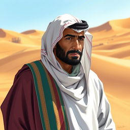 A detailed and vibrant illustration of an Arab man wearing traditional clothing, including a keffiyeh and a thobe, standing in a desert landscape with sand dunes and a clear blue sky