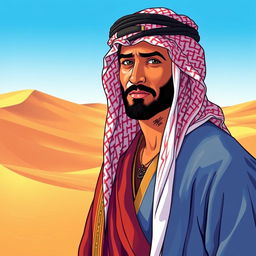 A detailed and vibrant illustration of an Arab man wearing traditional clothing, including a keffiyeh and a thobe, standing in a desert landscape with sand dunes and a clear blue sky