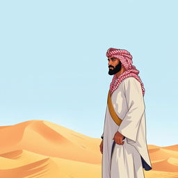 A detailed and vibrant illustration of an Arab man wearing traditional clothing, including a keffiyeh and a thobe, standing in a desert landscape with sand dunes and a clear blue sky