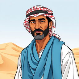 A detailed and vibrant illustration of an Arab man wearing traditional clothing, including a keffiyeh and a thobe, standing in a desert landscape with sand dunes and a clear blue sky