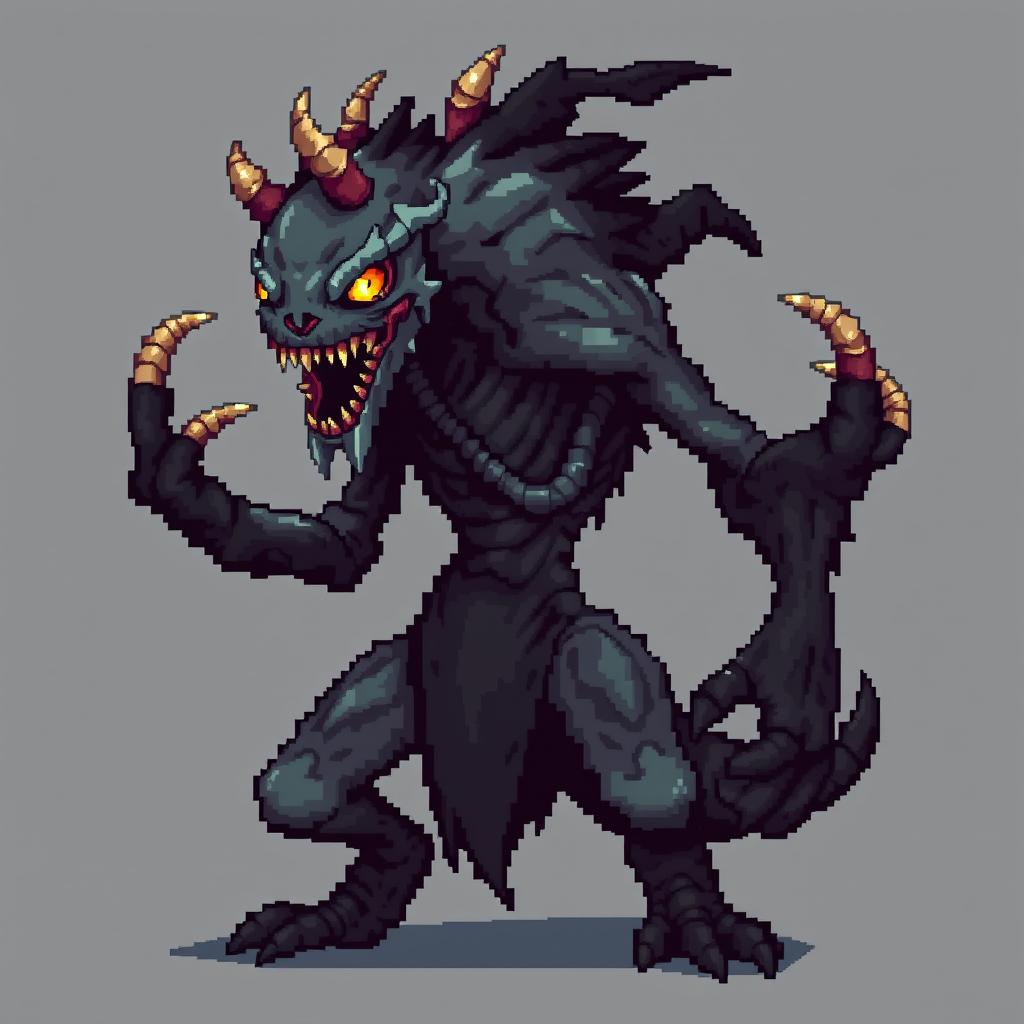 Create a concept art of a monster designed for a pixelated 2D game