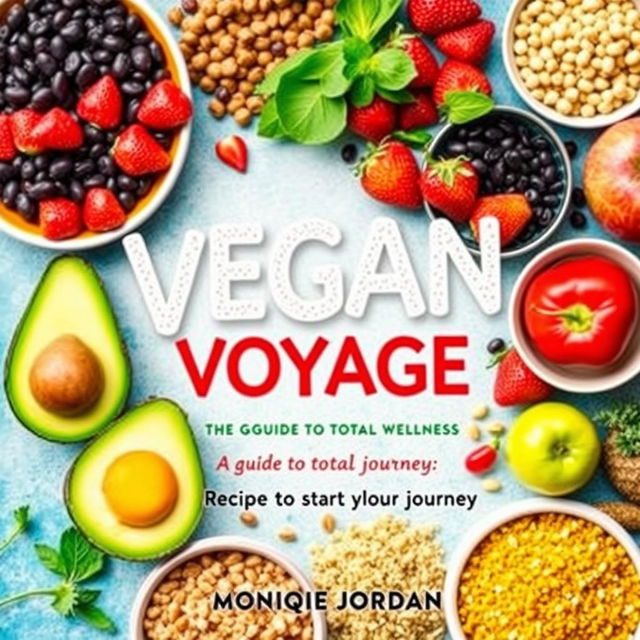 A vibrant and colorful cookbook cover titled 'The Vegan Voyage: Guide to Total Wellness' by Monique Jordan