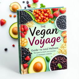 A vibrant and colorful cookbook cover titled 'The Vegan Voyage: Guide to Total Wellness' by Monique Jordan