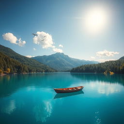 A serene landscape featuring a clear blue lake surrounded by lush green trees and mountains in the background